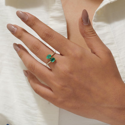 Natural Pear and Square Emerald Diamond Bypass Ring