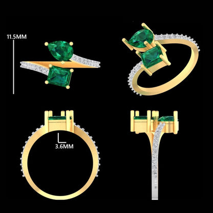 Natural Pear and Square Emerald Diamond Bypass Ring