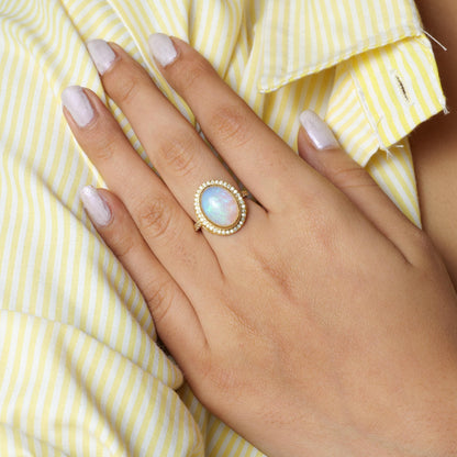 Natural Oval Opal Diamond Halo Ring