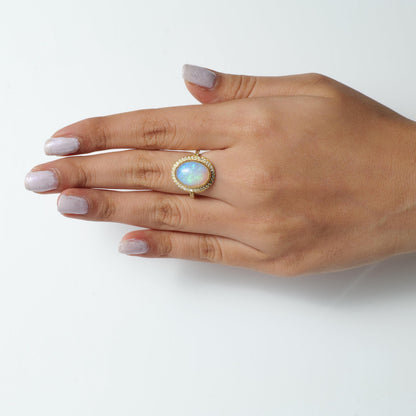 Natural Oval Opal Diamond Halo Ring