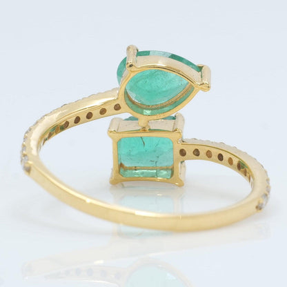 Natural Pear and Square Emerald Diamond Bypass Ring