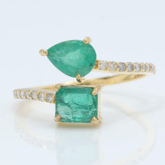 Natural Pear and Square Emerald Diamond Bypass Ring