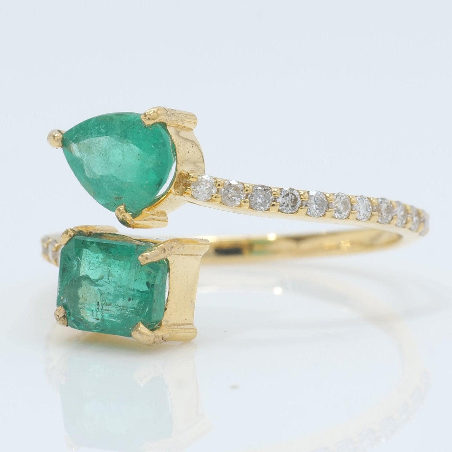 Natural Pear and Square Emerald Diamond Bypass Ring