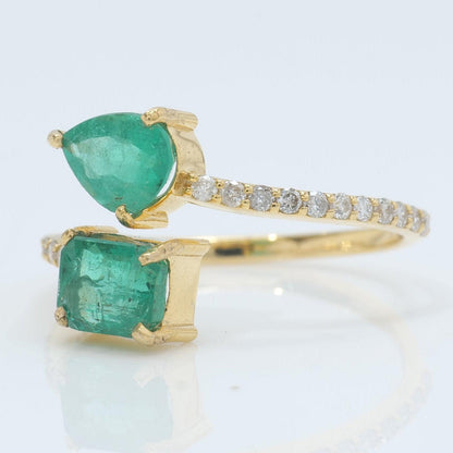 Natural Pear and Square Emerald Diamond Bypass Ring