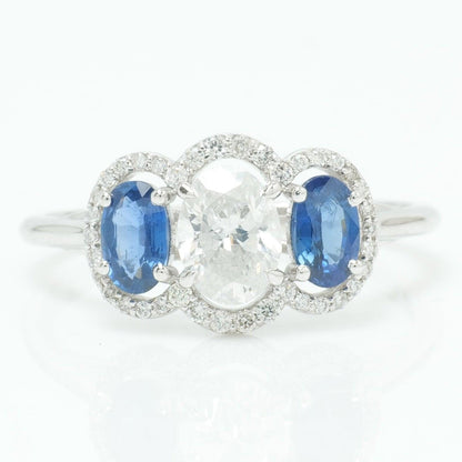 Three Stone Natural Oval Sapphire & Diamond Ring