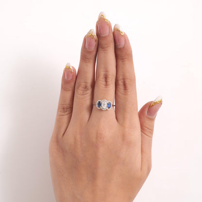 Three Stone Natural Oval Sapphire & Diamond Ring