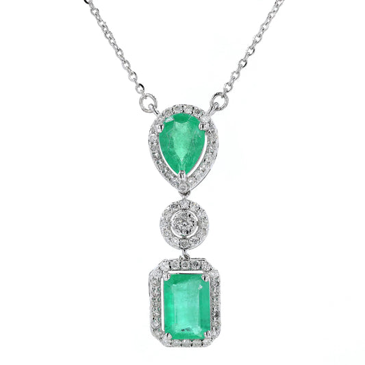 Natural Emerald Drop Halo Diamond Necklace