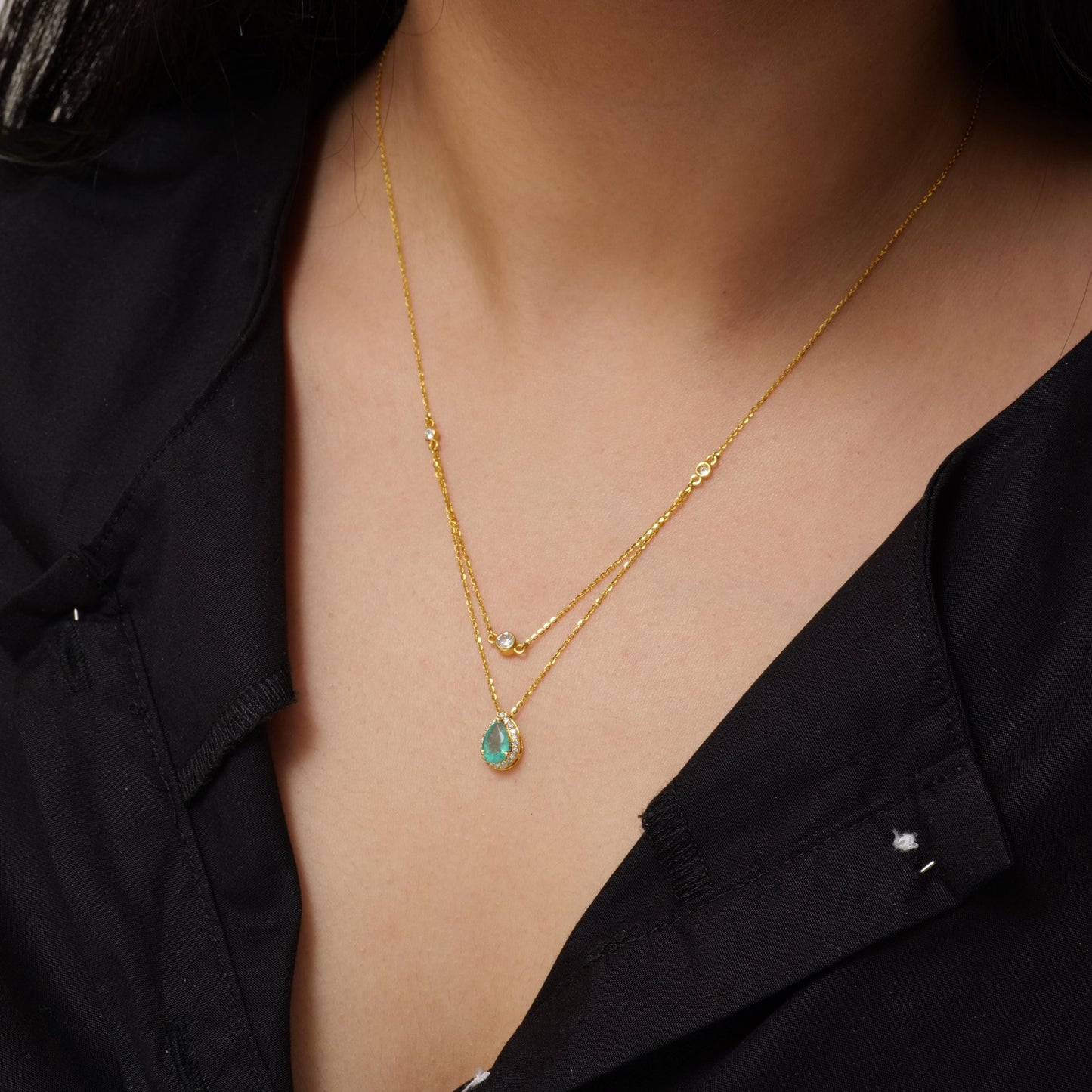 Natural Emerald Layered Diamond Stacking Necklace