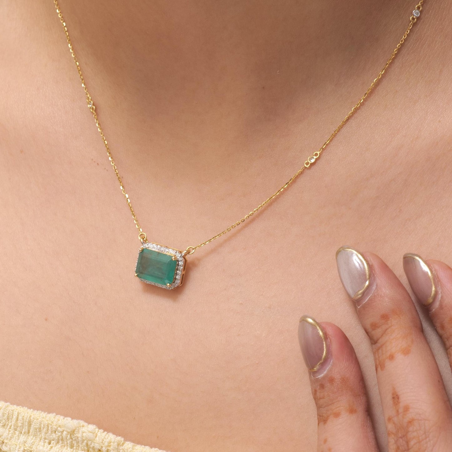 Natural Emerald Halo Diamond Station Necklace