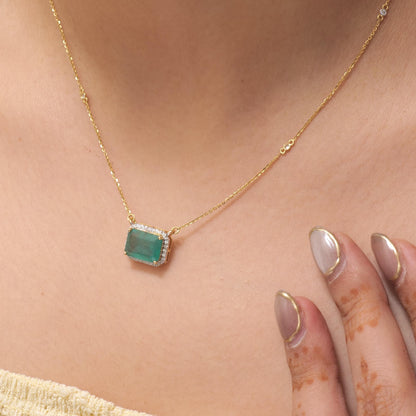 Natural Emerald Halo Diamond Station Necklace