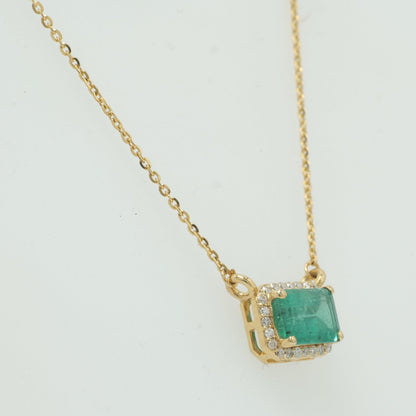 Natural Emerald Halo Diamond Station Necklace