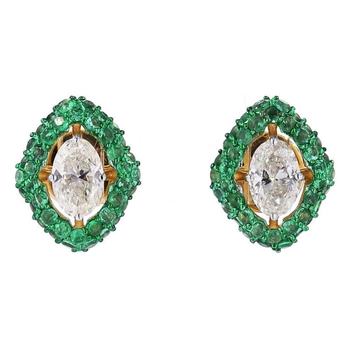 Marquise Natural Emerald & Diamond Stud Earrings