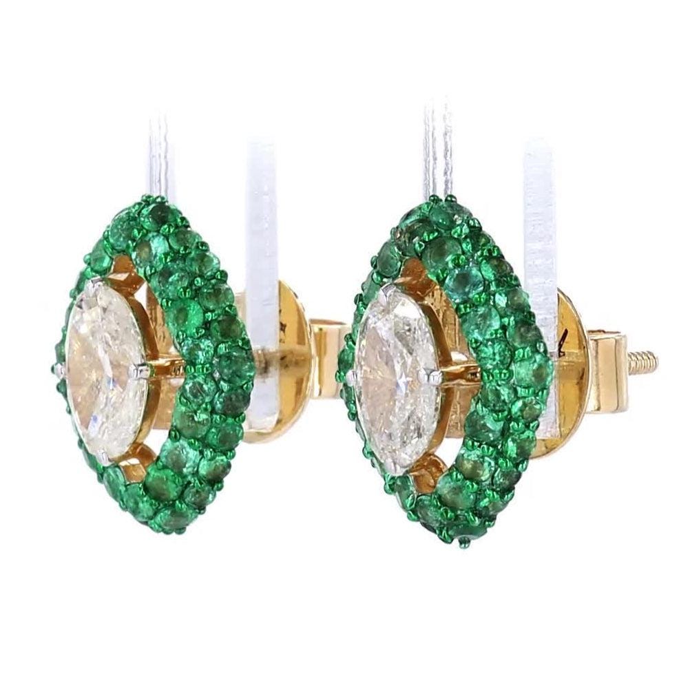 Marquise Natural Emerald & Diamond Stud Earrings