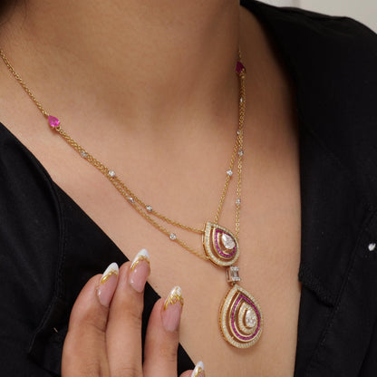 Natural Pear Diamond Halo Ruby Bridal Necklace