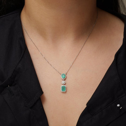 Natural Emerald Drop Halo Diamond Necklace