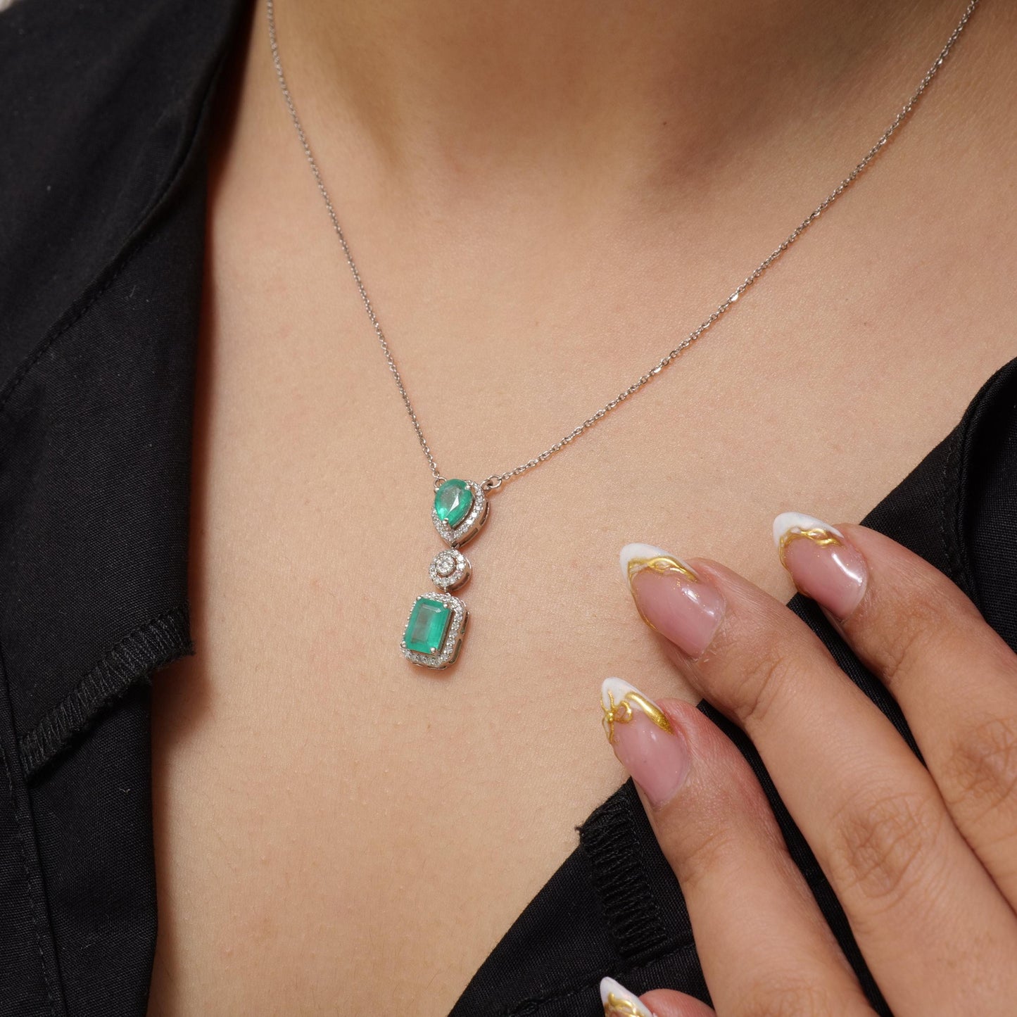 Natural Emerald Drop Halo Diamond Necklace