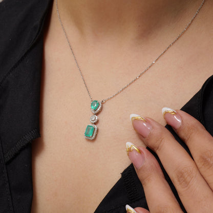 Natural Emerald Drop Halo Diamond Necklace