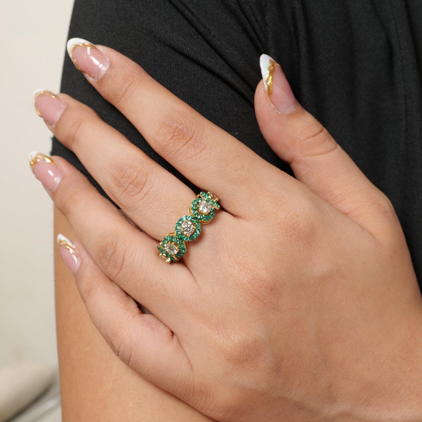 Circle Emeralds Diamond Halo Band Ring