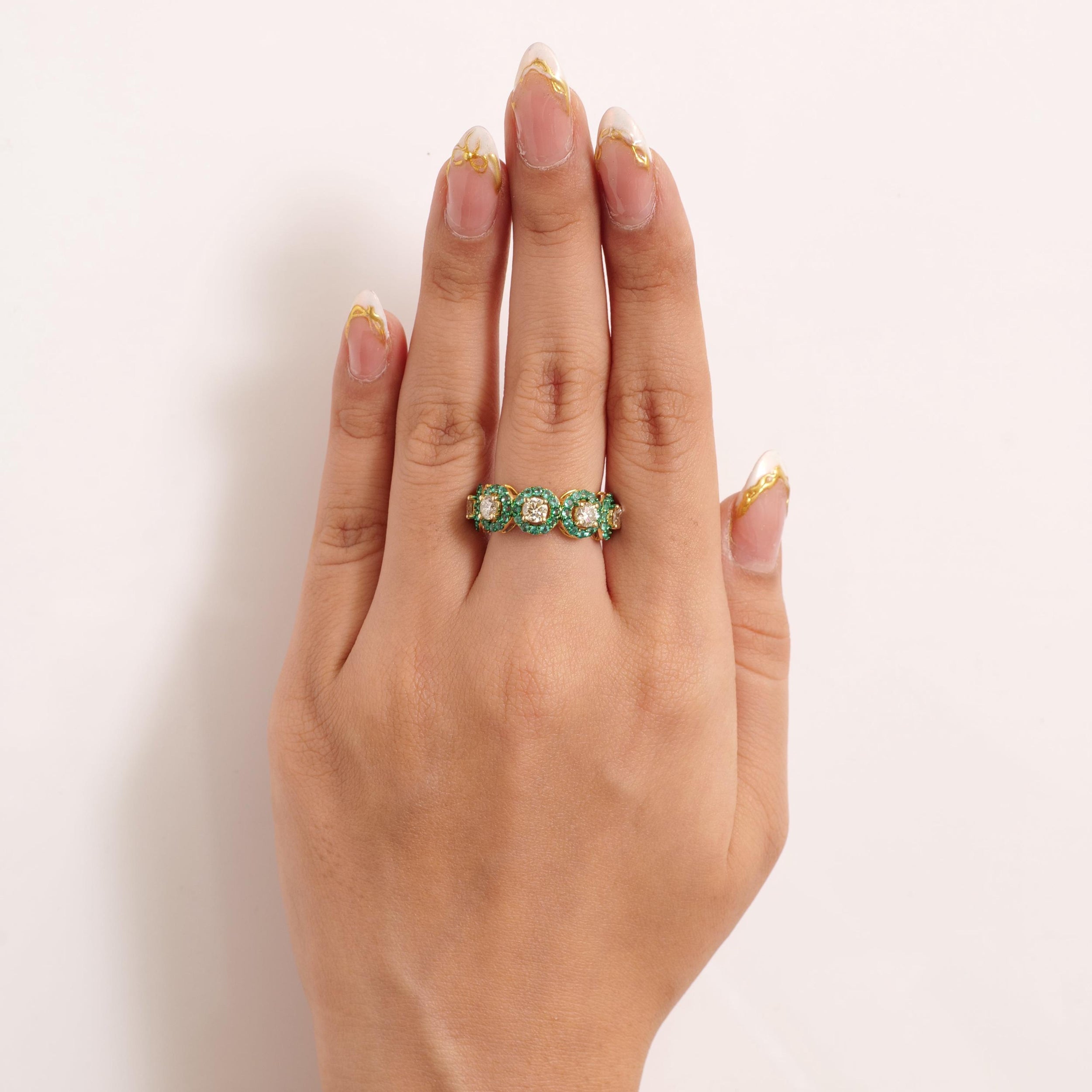 Circle Emeralds Diamond Halo Band Ring