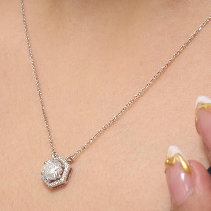 Hexagon Halo Solitaire Natural Diamonds Minimal Necklace