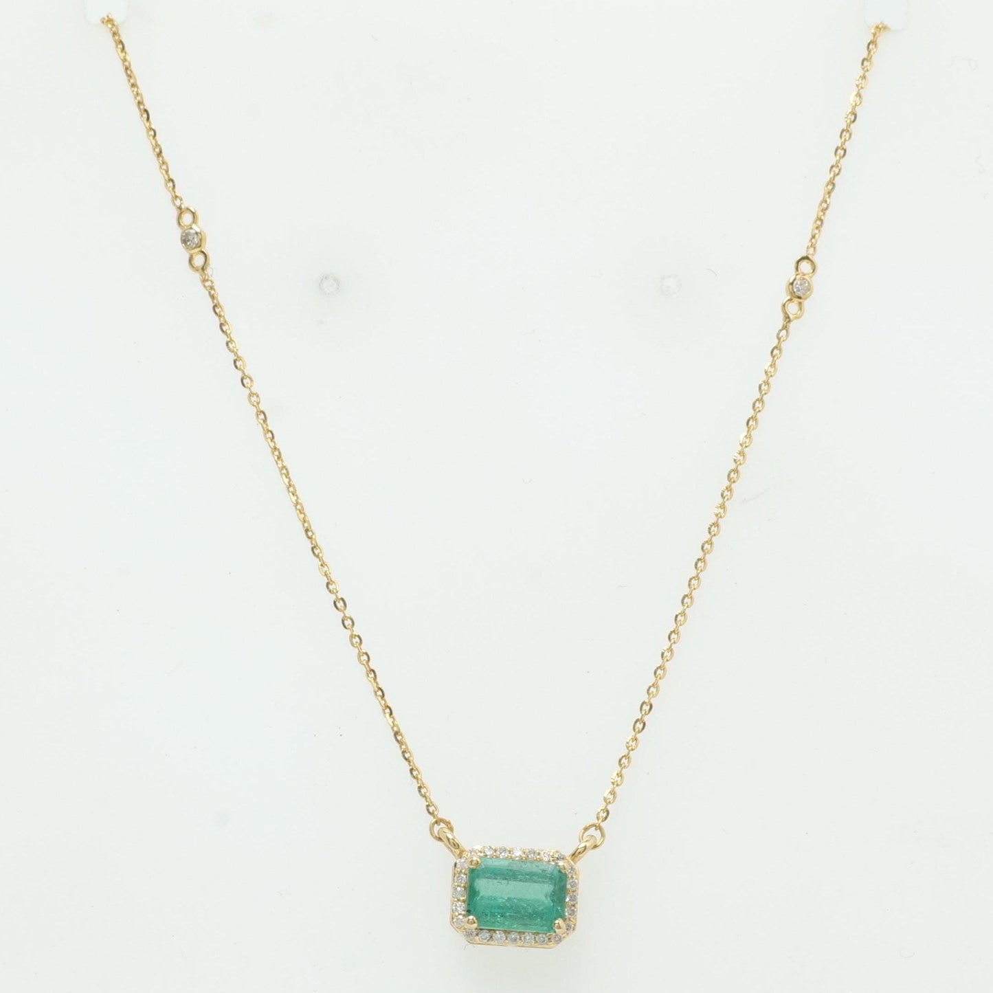 Natural Emerald Halo Diamond Station Necklace