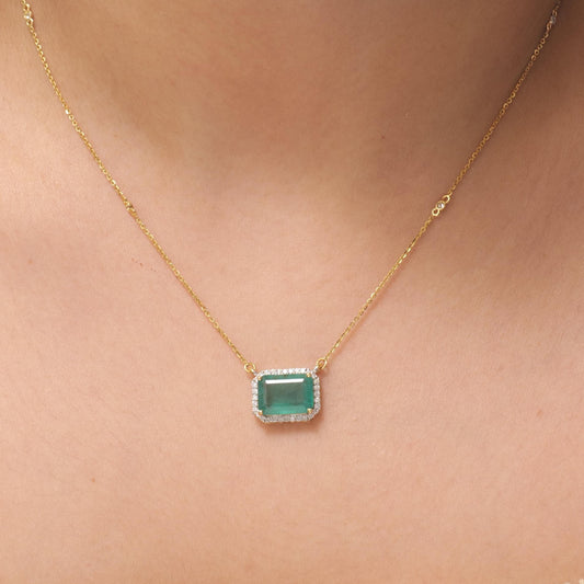 Natural Emerald Halo Diamond Station Necklace