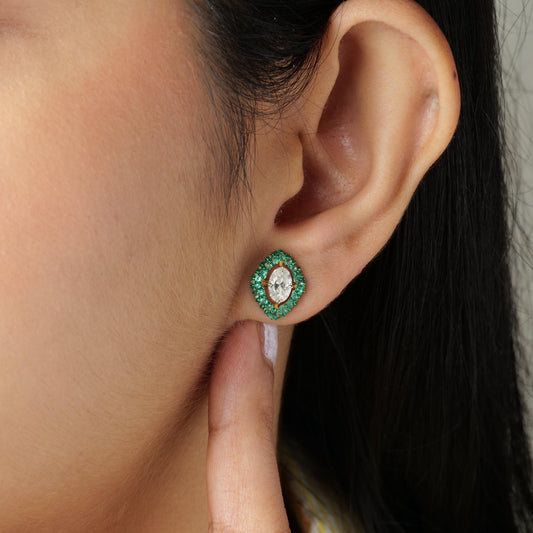 Marquise Natural Emerald & Diamond Stud Earrings