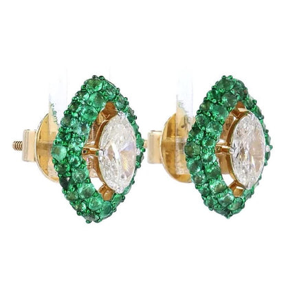Marquise Natural Emerald & Diamond Stud Earrings