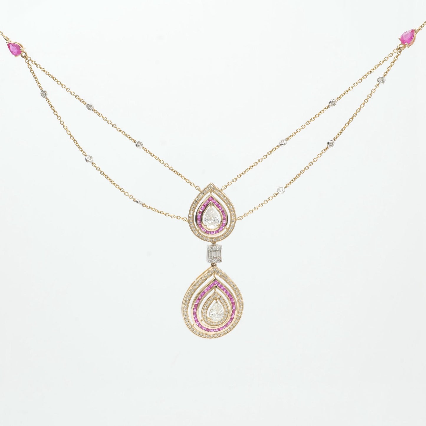 Natural Pear Diamond Halo Ruby Bridal Necklace