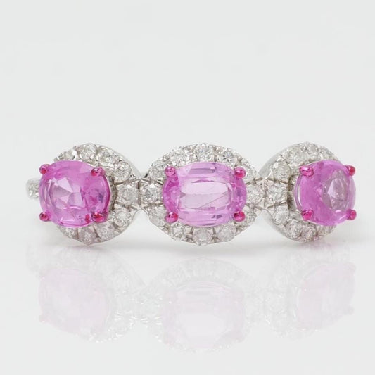 Three Stone Natural Pink Sapphire Diamond Ring