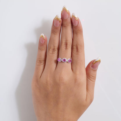 Three Stone Natural Pink Sapphire Diamond Ring