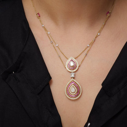 Natural Pear Diamond Halo Ruby Bridal Necklace