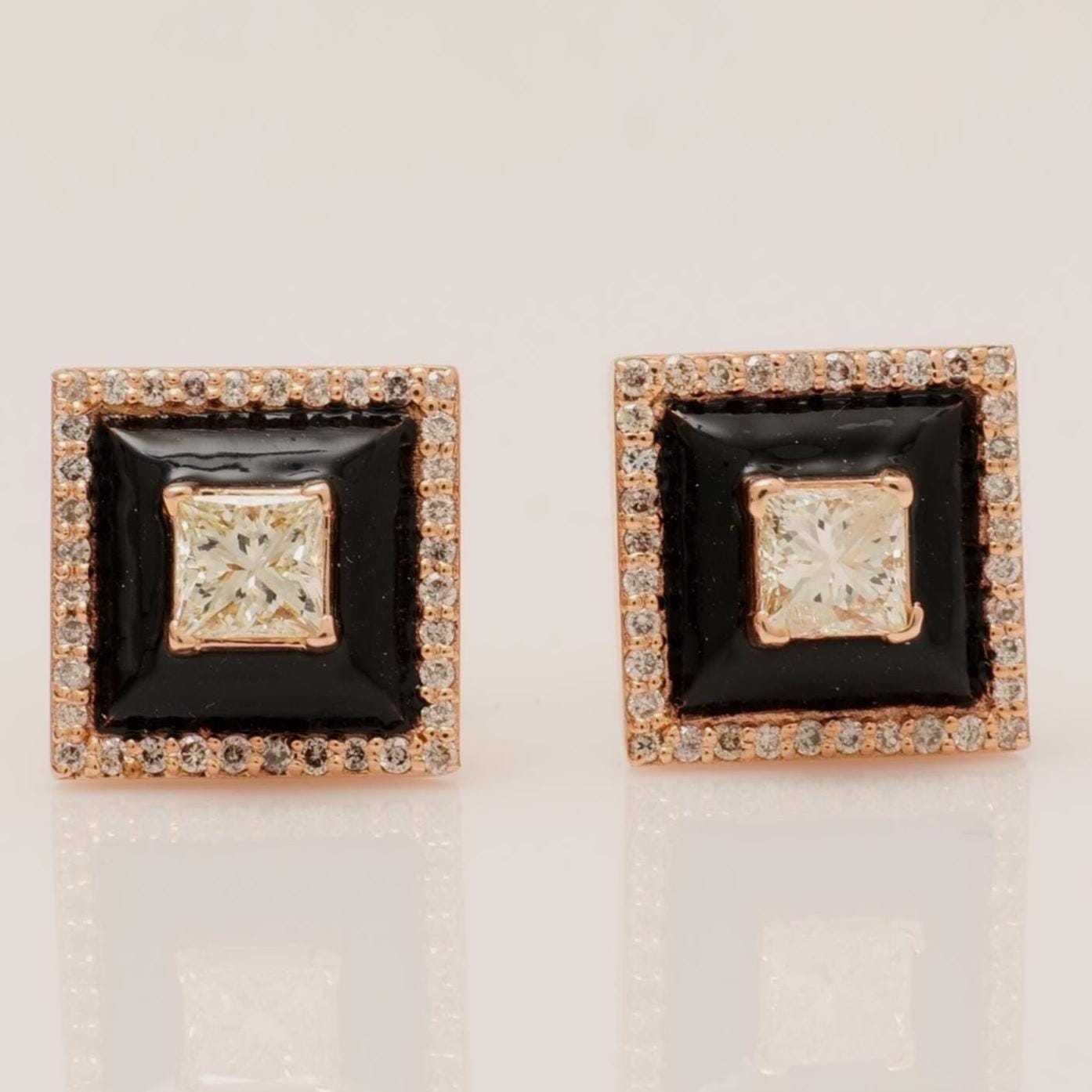 Square Black Enamel Natural Diamond Stud Earrings