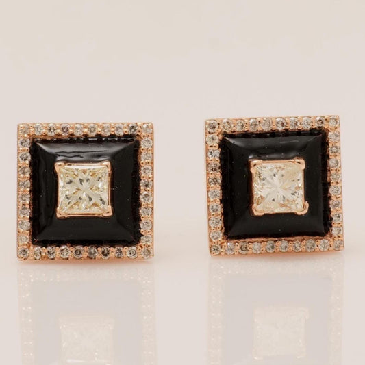 Square Black Enamel Natural Diamond Stud Earrings