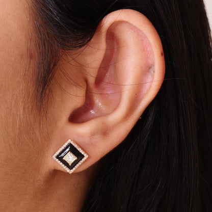 Square Black Enamel Natural Diamond Stud Earrings