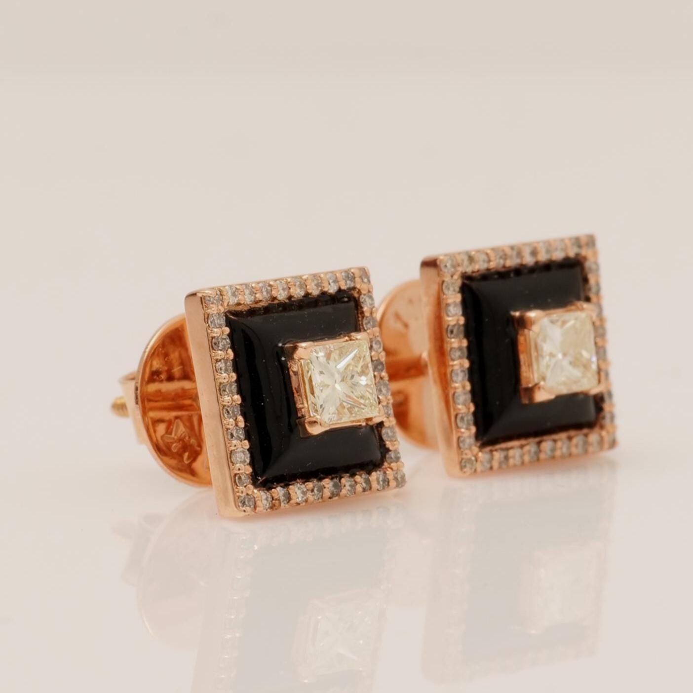 Square Black Enamel Natural Diamond Stud Earrings