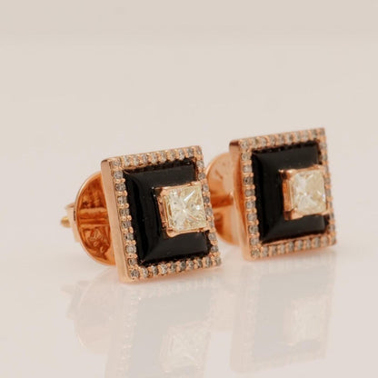 Square Black Enamel Natural Diamond Stud Earrings
