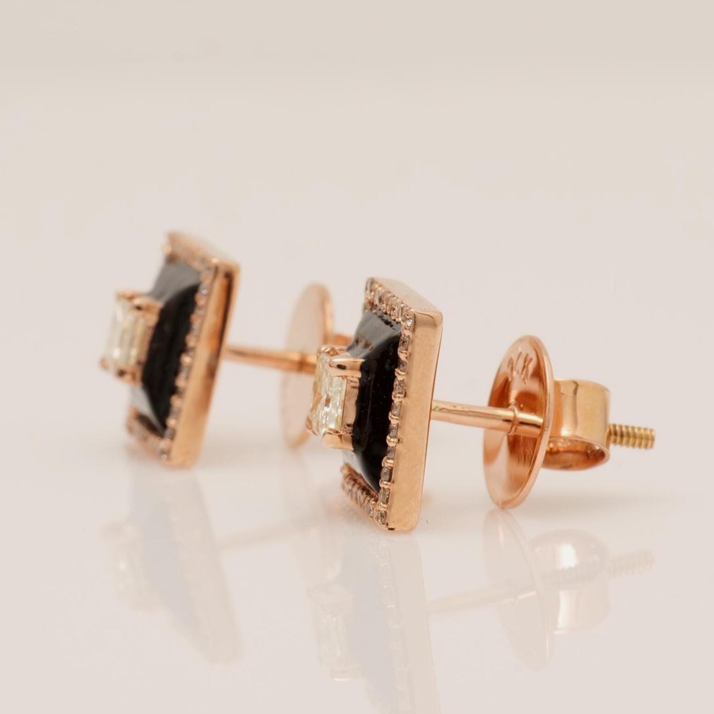 Square Black Enamel Natural Diamond Stud Earrings