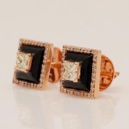 Square Black Enamel Natural Diamond Stud Earrings