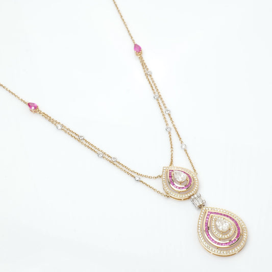 Natural Pear Diamond Halo Ruby Bridal Necklace
