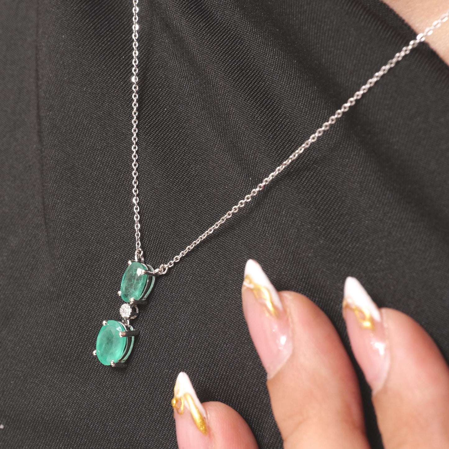 Natural Emerald Diamond Drop Pendant Necklace