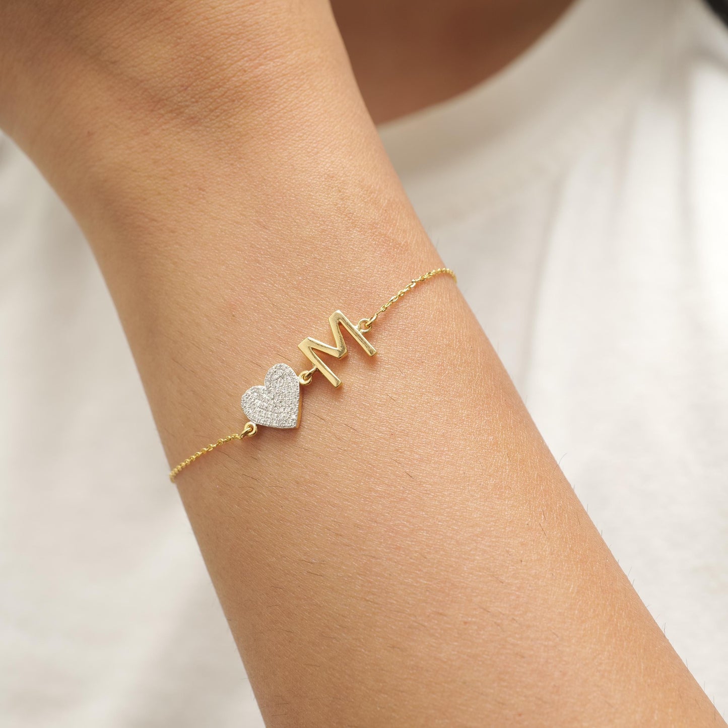 Heart Initial Natural Diamond Bracelet