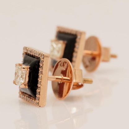 Square Black Enamel Natural Diamond Stud Earrings