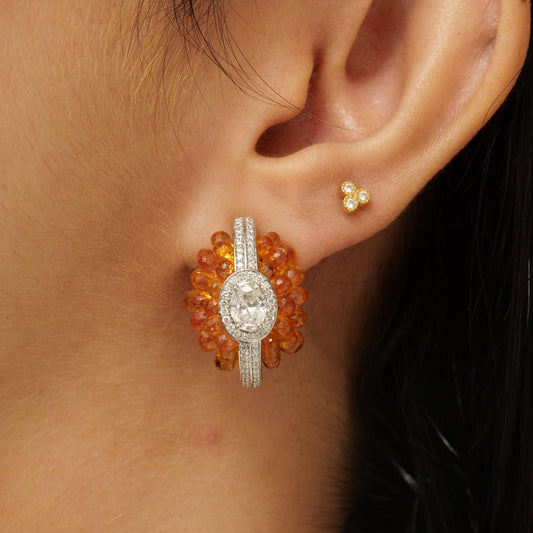 Orange Natural Sapphire Diamond Huggie Earrings
