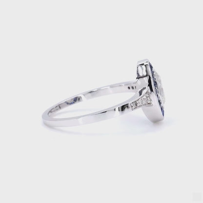 Oval Diamond Halo Ring with Blue Sapphire