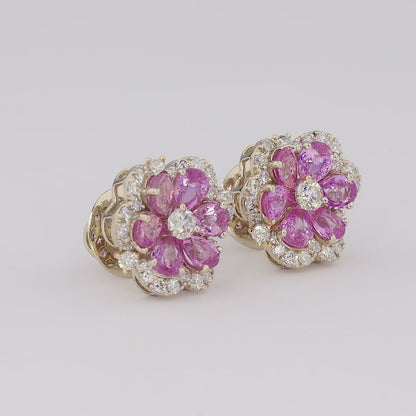 Flower Natural Pink Sapphire & Diamond Stud Earrings