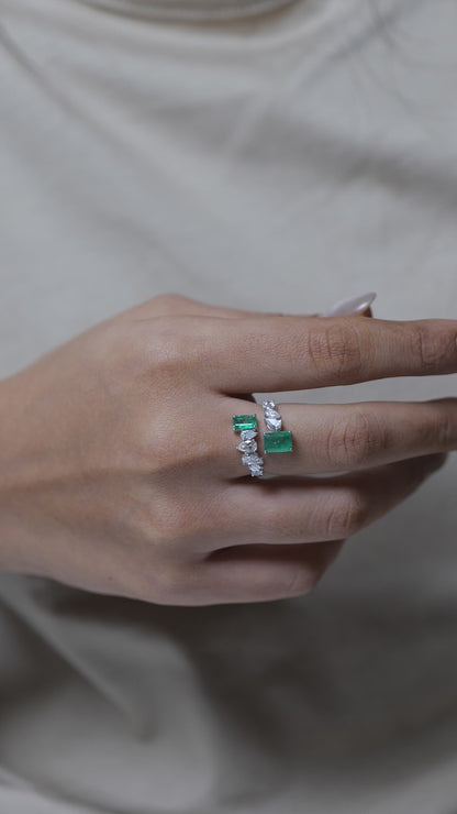 Natural Emerald & Fancy Diamond Bypass Ring