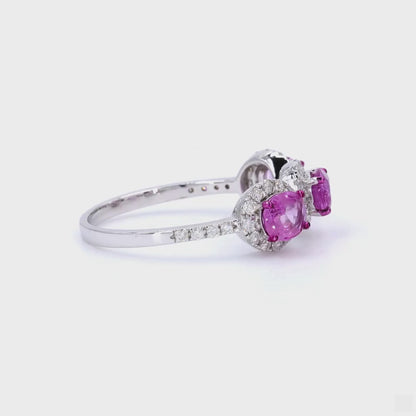 Three Stone Natural Pink Sapphire Diamond Ring