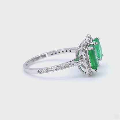 Emerald Oval and Emerald Cut Diamond Halo Ring