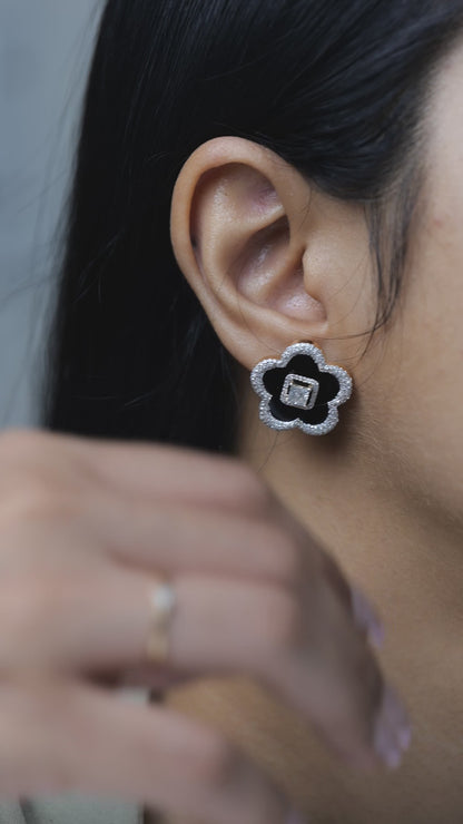 Onyx Flower Diamond Stud Earrings
